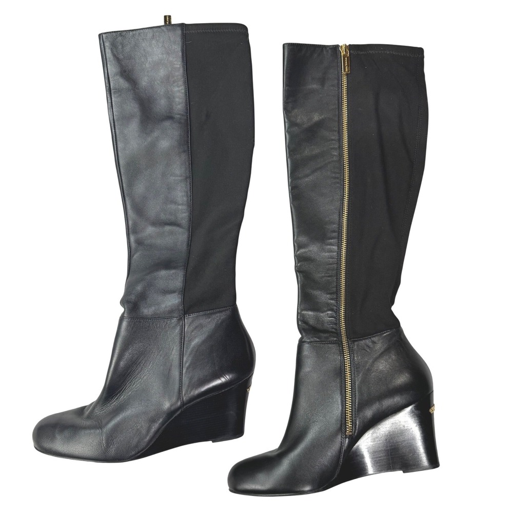 Michael Kors Arley Black Leather Stretch Back Wedge Tall Boots Gold Zip Size 9M